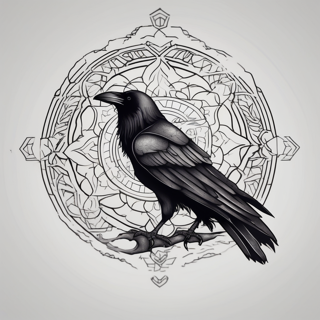 laeft arm tattoo of a raven on a branch surrounded by mandala floral sleeve tattoo, design de tatouage Minimaliste généré par IA